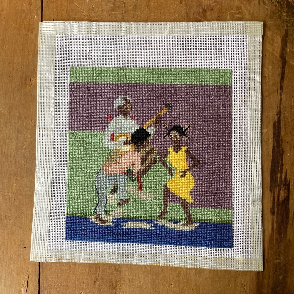 Petit Point Fiddle Player Embroidery 5 3/4” X 6” Excellent Condition!